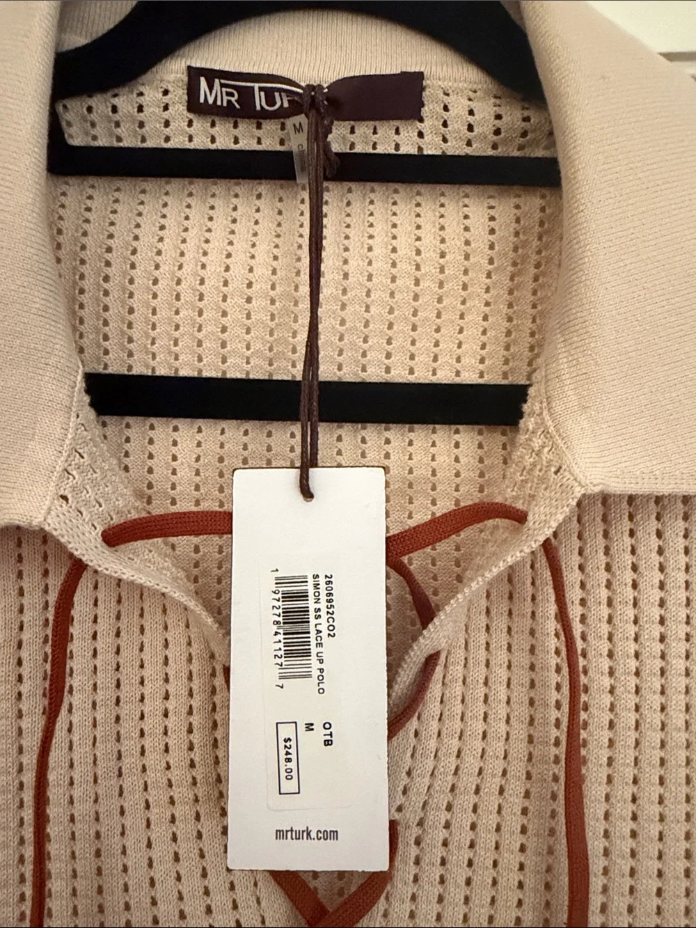 Men's Lace-Up Knit Polo in Cream with Rust Trim